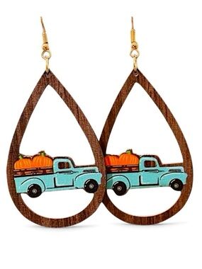 Wooden Vintage Truck with Pumpkins Rustic Teardrop Dangle Earrings